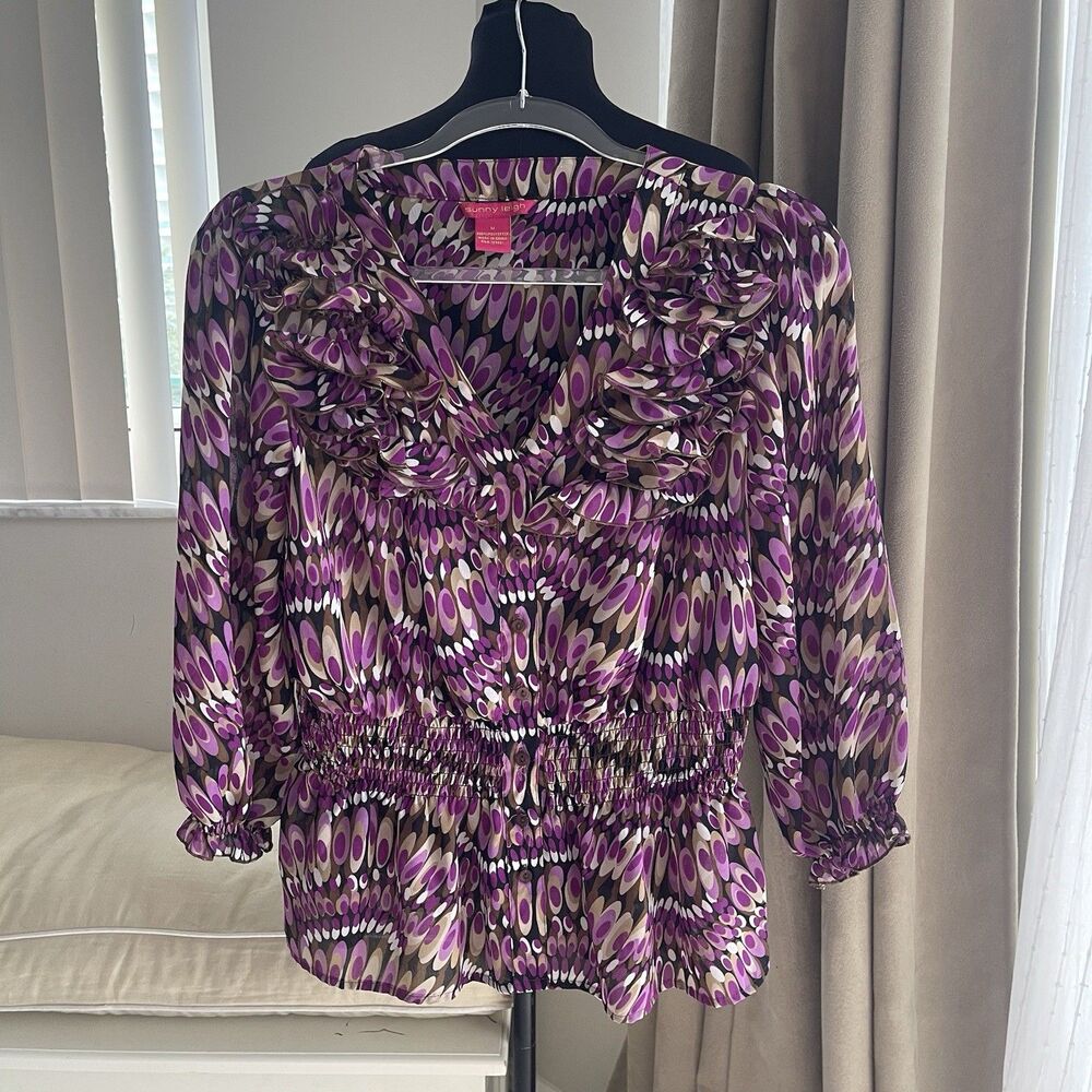 SUNNY LEIGH Ruffle V Neck Blouse  Sheer Long Sleeve Smocked Waist Button Up M